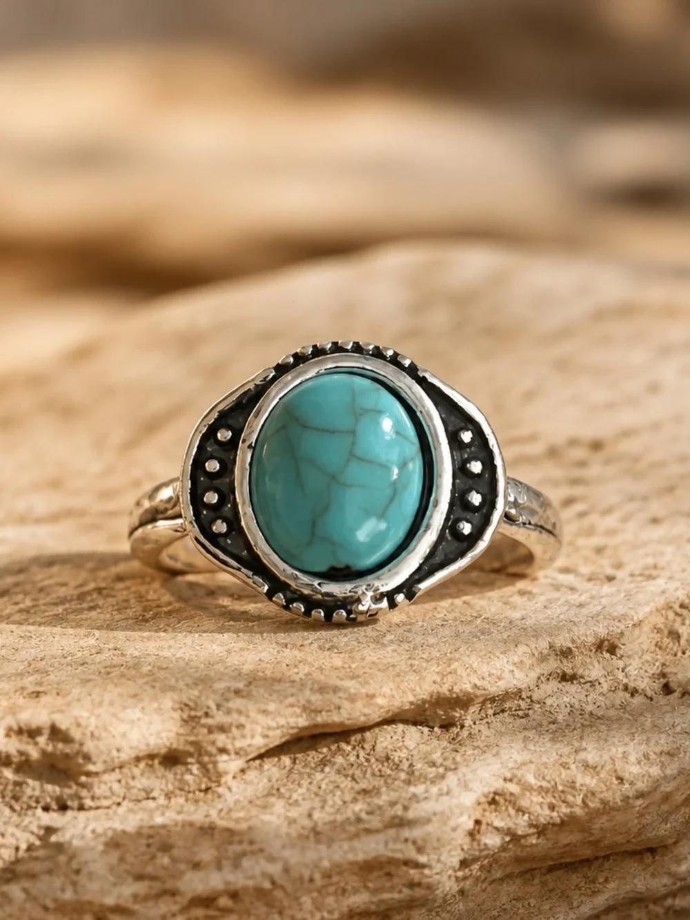 Turquoise Stone Silver-Tone Ladies Ring - Blue Size 8